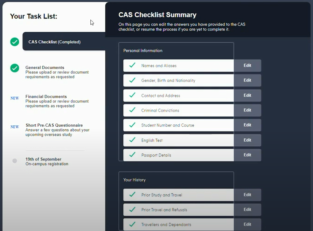 CAS checklist - screenshot